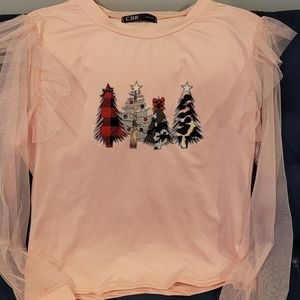 CBR Light pink Christmas tee with sheer sleeves XL